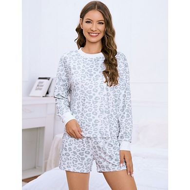 Women's Two Pieces Set Print Long Sleeve Tops With Shorts Comfy Pullover Casual Set With Pockets