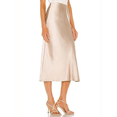 Women's Satin Midi Skirt with Side Slit High Waist Elegant Skirt