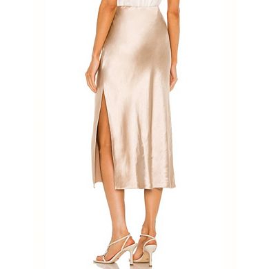 Women's Satin Midi Skirt with Side Slit High Waist Elegant Skirt