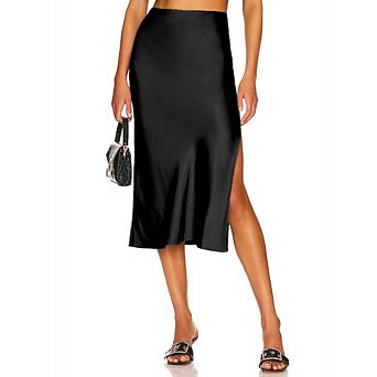 Women's Satin Midi Skirt with Side Slit High Waist Elegant Skirt