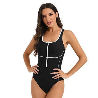 Women's One Piece Swimsuit Zip Up Athletic Bathing Suit Racerback Color Block Training Swimwear