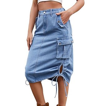 Women's High Waist Denim Cargo Midi Skirts Casual Drawstring Ruched Jean Skirts