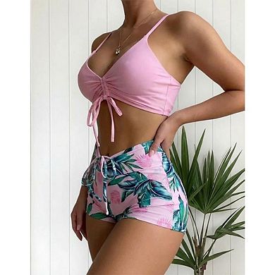 Women's 2 Pieces Drawstring Bikini Sets Top Tropical Print High Waist Shorts Bathing Suits