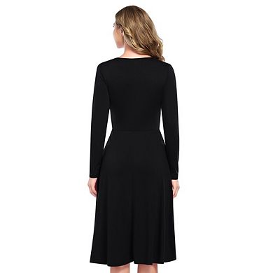 Women's Long Sleeve V-Neck Dresses Solid Color A-line Casual Elegant Swing Dress