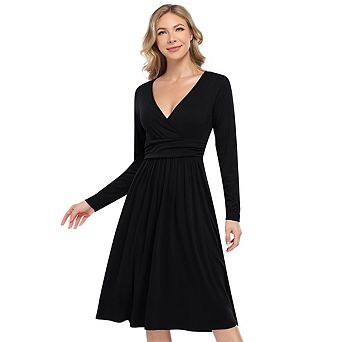 Women's Long Sleeve V-Neck Dresses Solid Color A-line Casual Elegant Swing Dress