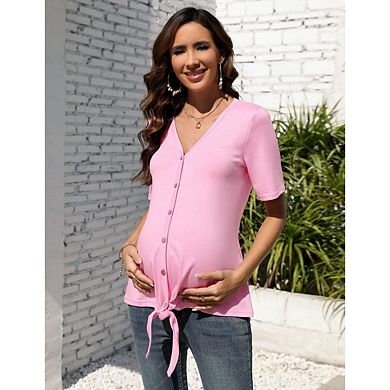 Women's Maternity Short Sleeve Tie Front Wrap Maternity Tops