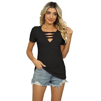 Women's Cutout V Neck Summer Short Sleeve Tops Solid Color Tee Shirt Trendy Blouse