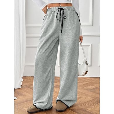 Women's Contrast Trim Wide Leg Sweatpants Casual Drawstring Waist Loungewear