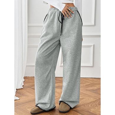Women's Contrast Trim Wide Leg Sweatpants Casual Drawstring Waist Loungewear