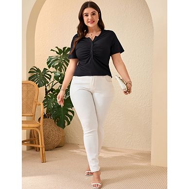 Women's Plus Size Short Sleeve Ruched V-Neck Button Down Top