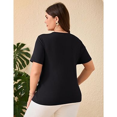 Women's Plus Size Short Sleeve Ruched V-Neck Button Down Top
