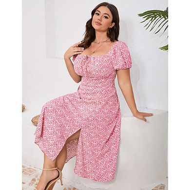 Women's Plus Size Floral Slit A Line Tie Front Square Neck Puff Sleeve Flovey Sundresses