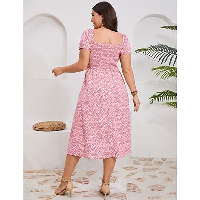 Women's Plus Size Floral Slit A Line Tie Front Square Neck Puff Sleeve Flovey Sundresses