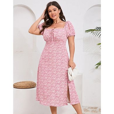 Women's Plus Size Floral Slit A Line Tie Front Square Neck Puff Sleeve Flovey Sundresses