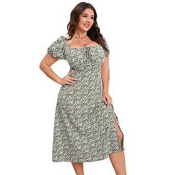 Women's Plus Size Floral Slit A Line Tie Front Square Neck Puff Sleeve Flovey Sundresses