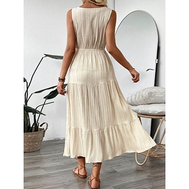Women's Summer Dresses Casual Sleeveless V Neck Pleated Tie Solid Color Midi Dress