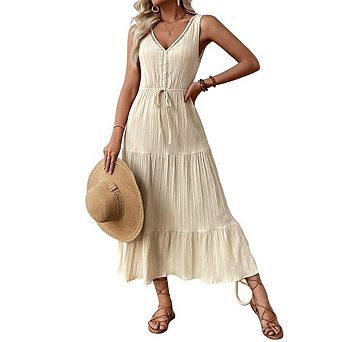 Women's Summer Dresses Casual Sleeveless V Neck Pleated Tie Solid Color Midi Dress