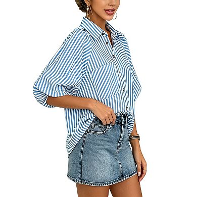 Batwing Sleeve Button-Up Shirt with Patch Pocket Vertical Stripe Relaxed Fit for Work or Weekend