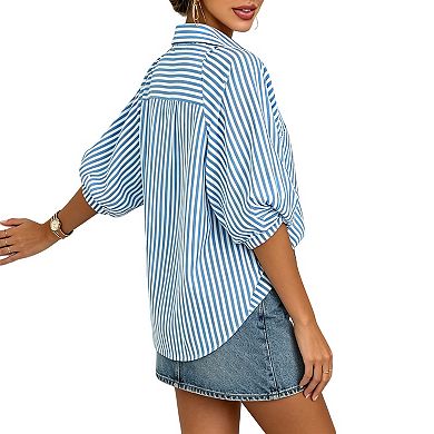 Batwing Sleeve Button-Up Shirt with Patch Pocket Vertical Stripe Relaxed Fit for Work or Weekend