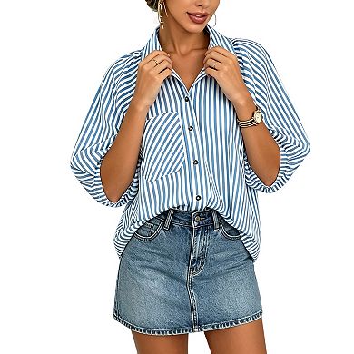 Batwing Sleeve Button-Up Shirt with Patch Pocket Vertical Stripe Relaxed Fit for Work or Weekend