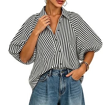 Batwing Sleeve Button-Up Shirt with Patch Pocket Vertical Stripe Relaxed Fit for Work or Weekend