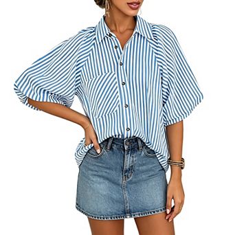Batwing Sleeve Button-Up Shirt with Patch Pocket Vertical Stripe Relaxed Fit for Work or Weekend