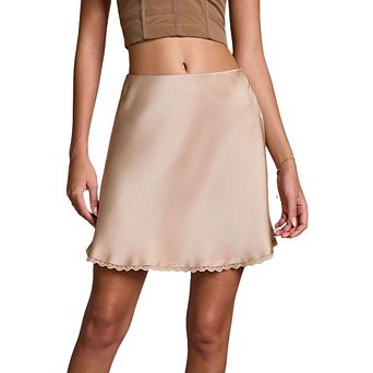 Women's Satin High Waist A Line Mini Skirt Elastic Waist Lace Trim Casual Chic Date Night