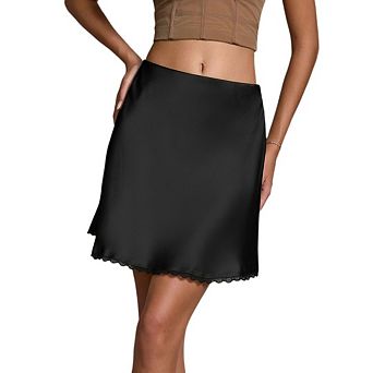 Women's Satin High Waist A Line Mini Skirt Elastic Waist Lace Trim Casual Chic Date Night