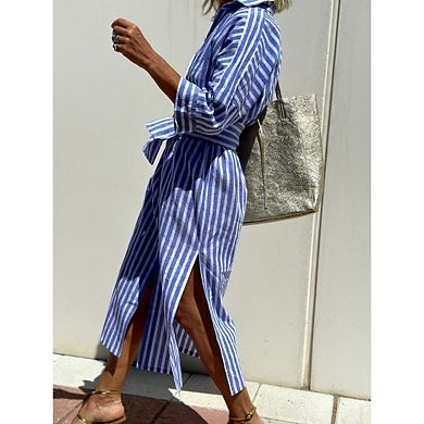 Womens Casual Lapel 3/4 Sleeve Button Down Split Belted Vacation Shirt Maxi Dress