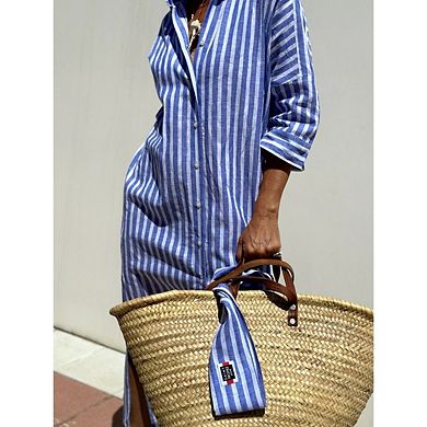 Womens Casual Lapel 3/4 Sleeve Button Down Split Belted Vacation Shirt Maxi Dress