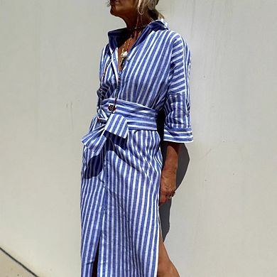 Womens Casual Lapel 3/4 Sleeve Button Down Split Belted Vacation Shirt Maxi Dress