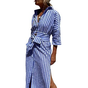 Womens Casual Lapel 3/4 Sleeve Button Down Split Belted Vacation Shirt Maxi Dress