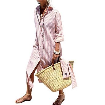 Womens Casual Lapel 3/4 Sleeve Button Down Split Belted Vacation Shirt Maxi Dress