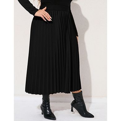 Women's Plus Size Leopard Print Pleated Midi Skirt Elastic Waist Flowy Skirt