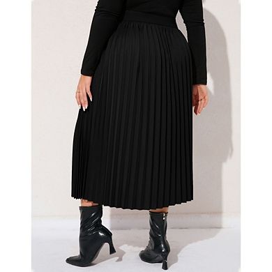 Women's Plus Size Leopard Print Pleated Midi Skirt Elastic Waist Flowy Skirt