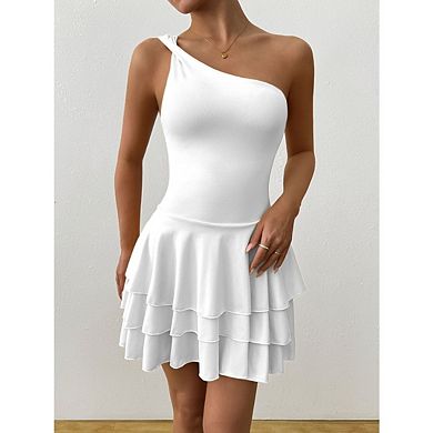 Women's Off Shoulder Bodycon Mini Dresses Sleeveless Ruffle Hem Solid Color Short Dress