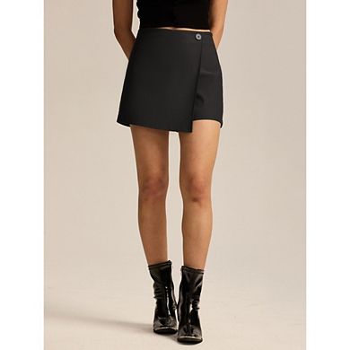 Women's High Waist Wrap Skorts Casual Button Front Asymmetrical Mini Skirts with Shorts