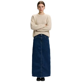 Womens Casual Maxi Jean Skirt Stretch High Waist Frayed Hem Button Up with Pockets