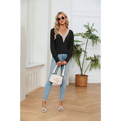 Women's Long Sleeve Tops Trendy Lace V Neck Knit Casual Lightweight Pullover Blouse
