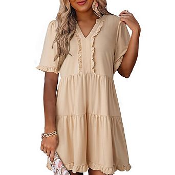 Women's V Neck Short Sleeve Dresses Pleated Tiered Ruffle Dress Casual Summer Swing Skater Dress