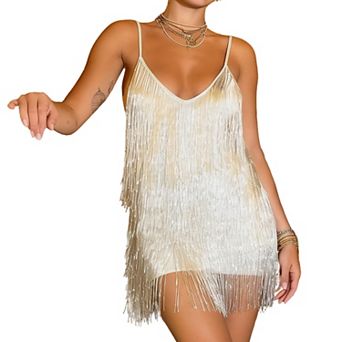 Deep V-Neck Fringe Sequin Mini Dress with Open Back Flowy A-Line for Parties Festivals Club Nights