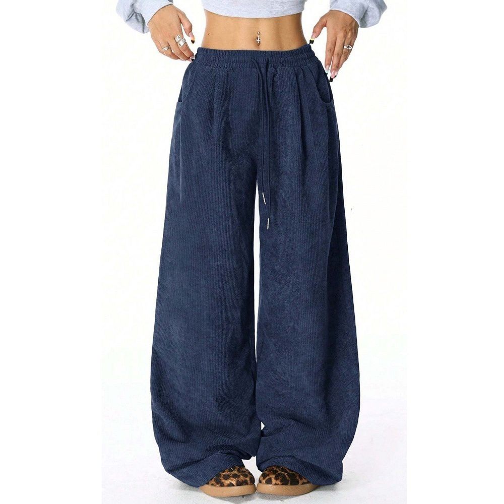 Women's Corduroy Wide Leg Pants Casual Drawstring Waist Flowy Trousers