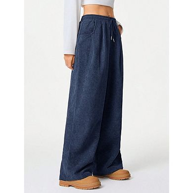 Women's Corduroy Wide Leg Pants Casual Drawstring Waist Flowy Trousers