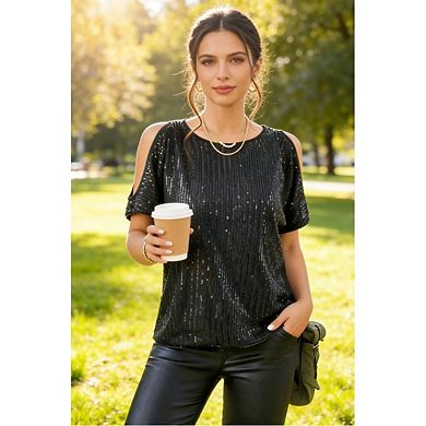 Women's Sparkly Tops Short Sleeve Round Neck Cold Shoulder Solid Color Tee Shirt