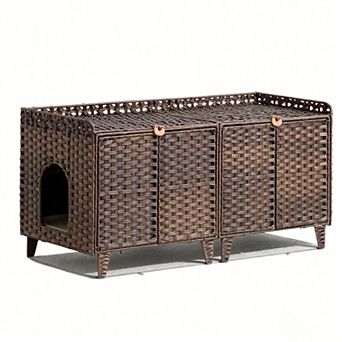 Handwoven Rattan Double Litter Box Enclosure Furniture,for 2 Cats with Washable Litter Mat & 2 Hooks