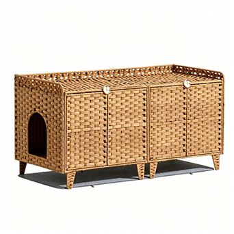 Handwoven Rattan Double Litter Box Enclosure Furniture,for 2 Cats with Washable Litter Mat & 2 Hooks