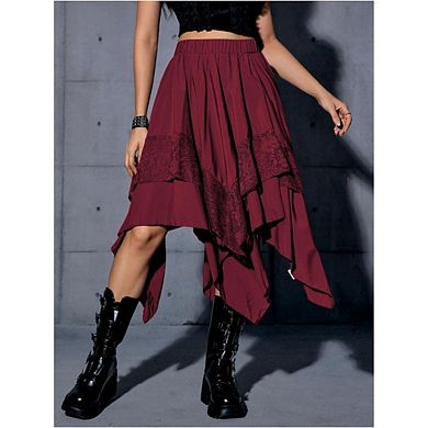 Women's Lace Panel Handkerchief Hem Midi Skirt Casual Flowy Skirt