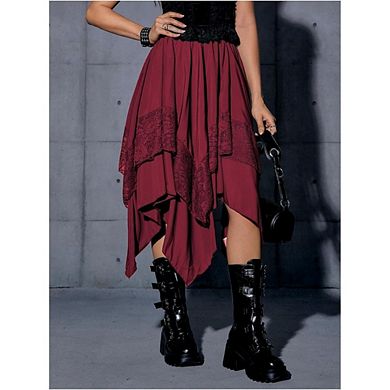 Women's Lace Panel Handkerchief Hem Midi Skirt Casual Flowy Skirt