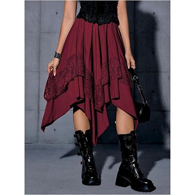 Women's Lace Panel Handkerchief Hem Midi Skirt Casual Flowy Skirt