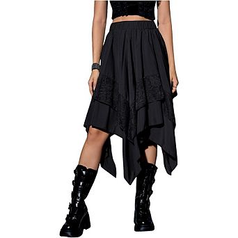Women's Lace Panel Handkerchief Hem Midi Skirt Casual Flowy Skirt